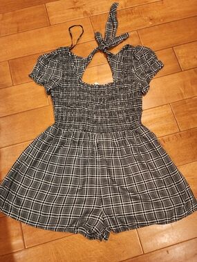 Forever 21 Black & White Plaid Smocked Romper
